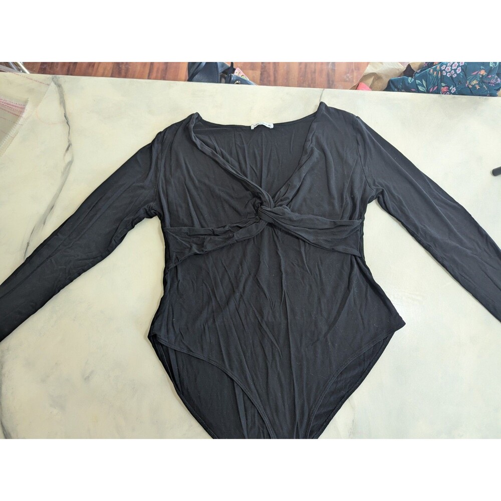 MANGOPOP Black Twist Front Bodysuit XXL Long Sleeve Deep V-Neck Knit Stretch